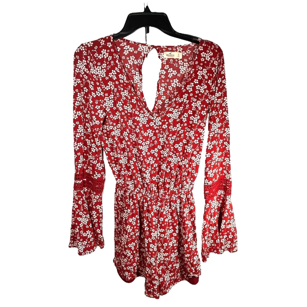 Hollister Women's Ruffle Long Sleeve Shorts Romper Boho Size S Red Floral Hippy